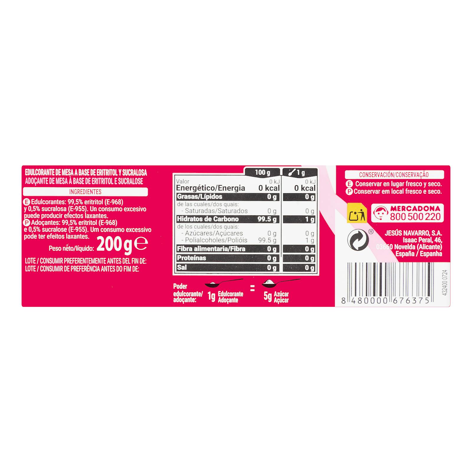 Édulcorant Hacendado Érythritol et Sucralose