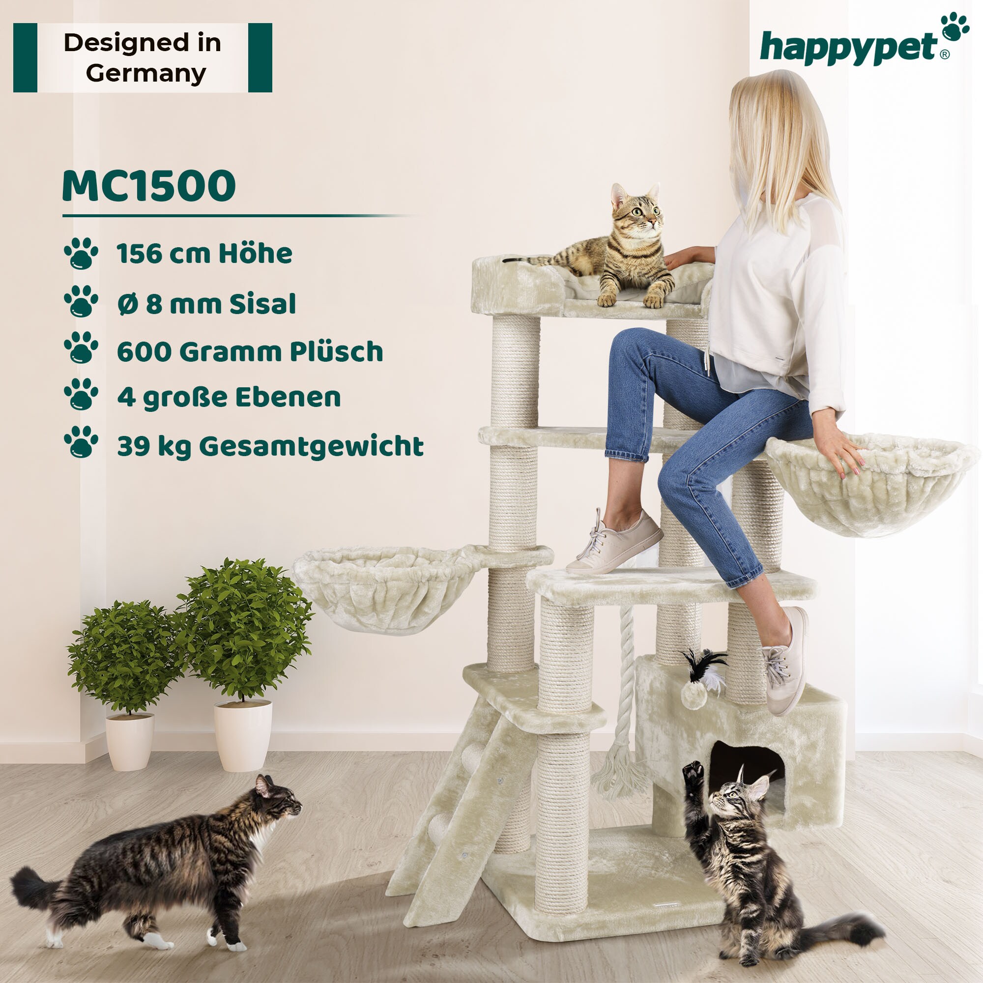 HAPPYPET Kratzbaum Stabil JACOB - 156 cm XXL, Katzenbaum für große Katzen, 48 kg Schwerlast | Creme