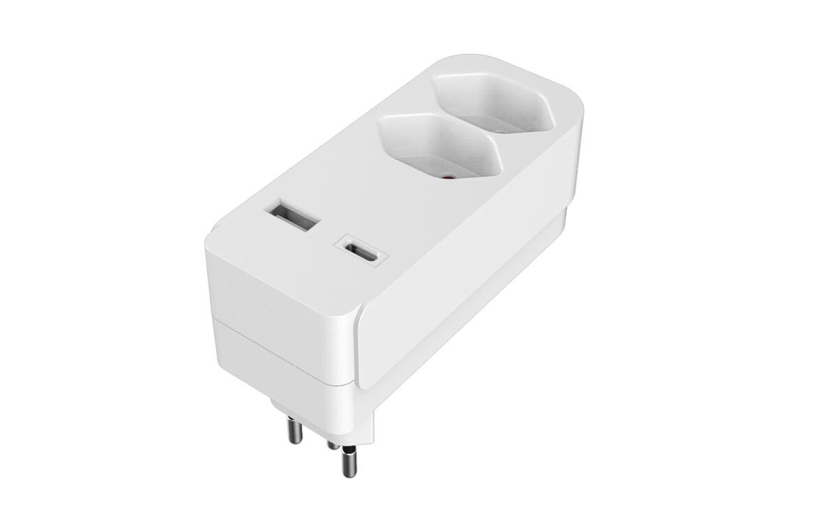 Abzweigstecker 2x T13, USB-A, USB-C mit Kinderschutz, weissMehrfachstecker mit integriertem USB Ladegerät