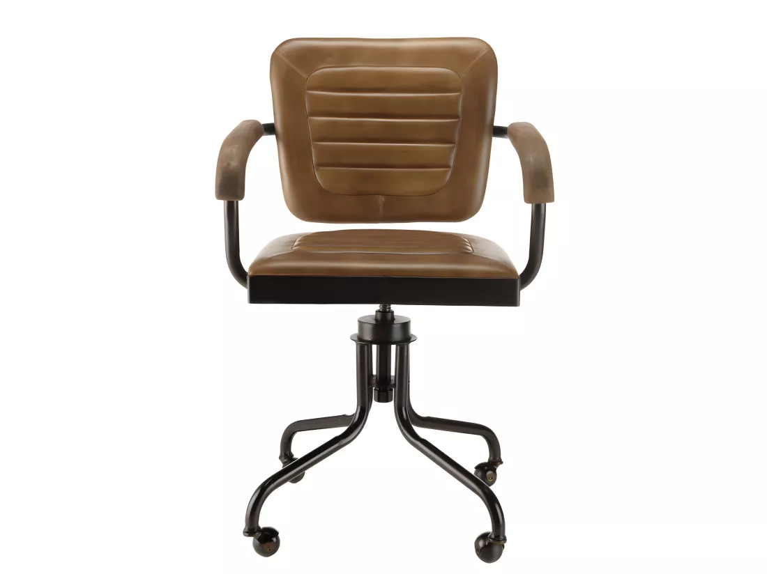 MARCEL - Fauteuil roulettes assise matelassée cuir accoudoirs manguier