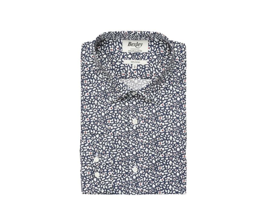 Chemise coton bleue imprimée fleurs blanches et rouges - VICTORIEN