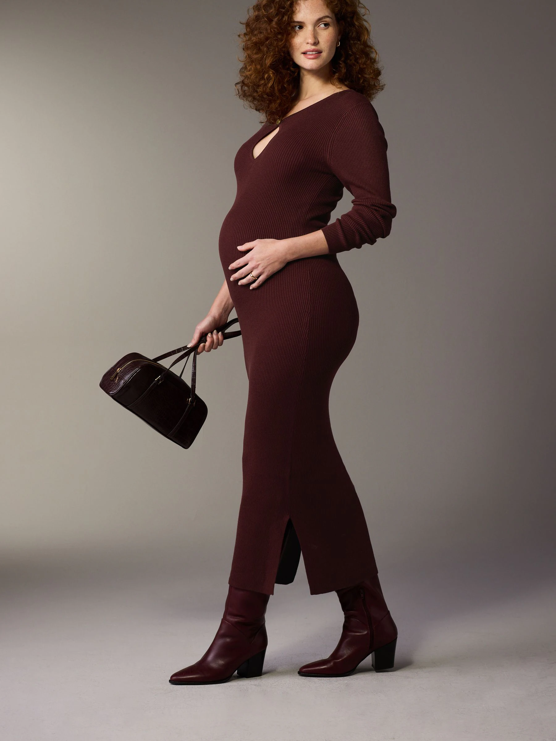 Bordeauxrood - Maternity Knitted Keyhole Dress