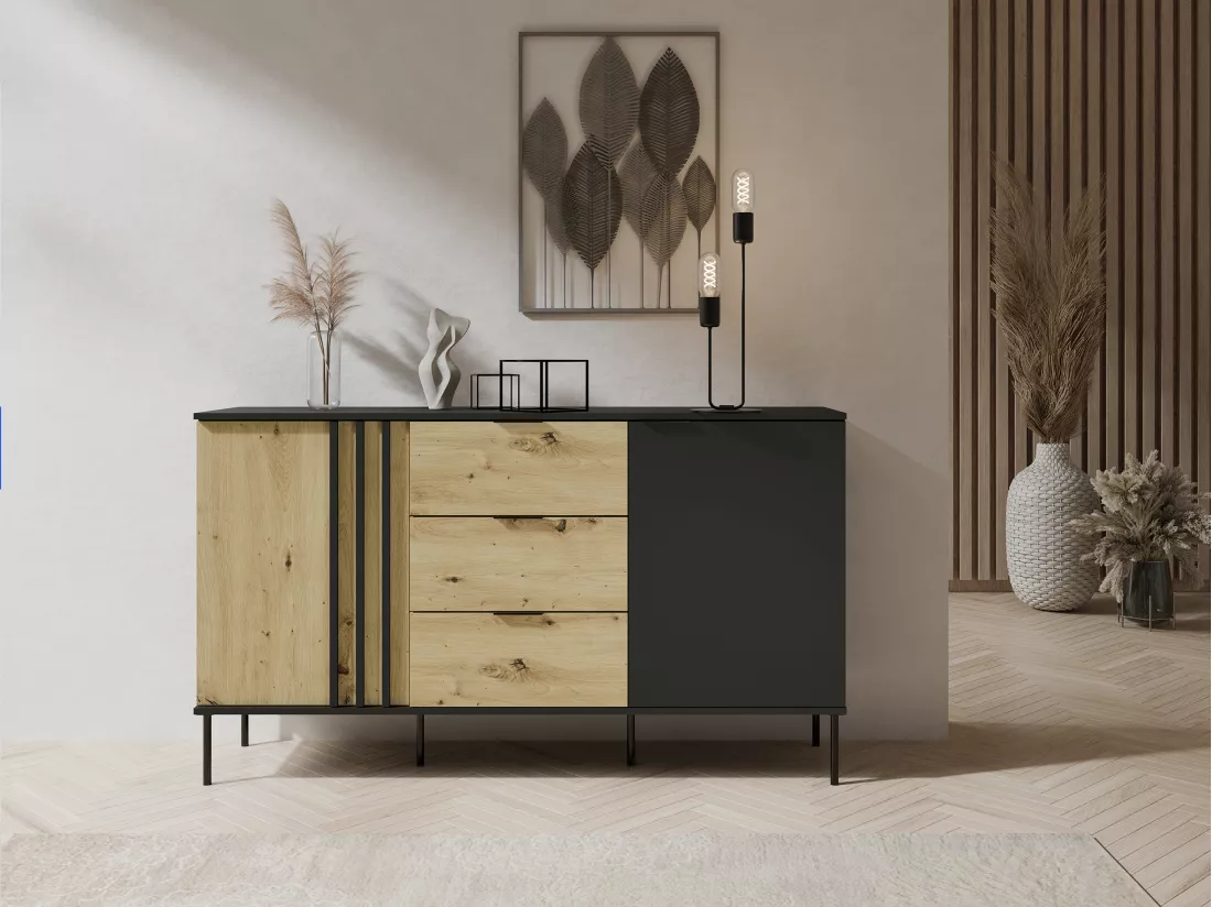Buffet avec 2 portes et 3 tiroirs - Noir et naturel - TUNALO