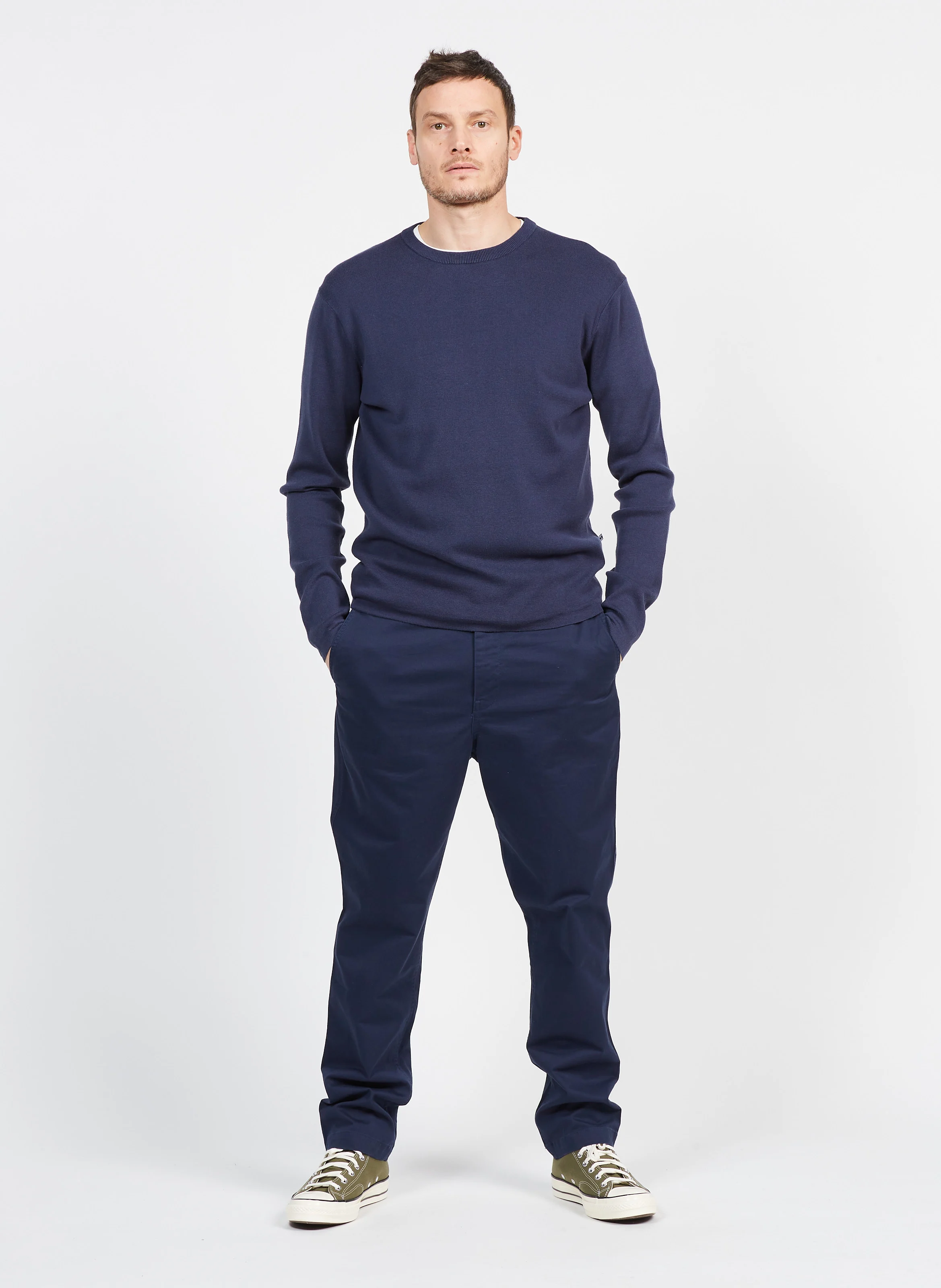 YASON - Pull col rond regular-fit en coton bio mélangé| Bleu