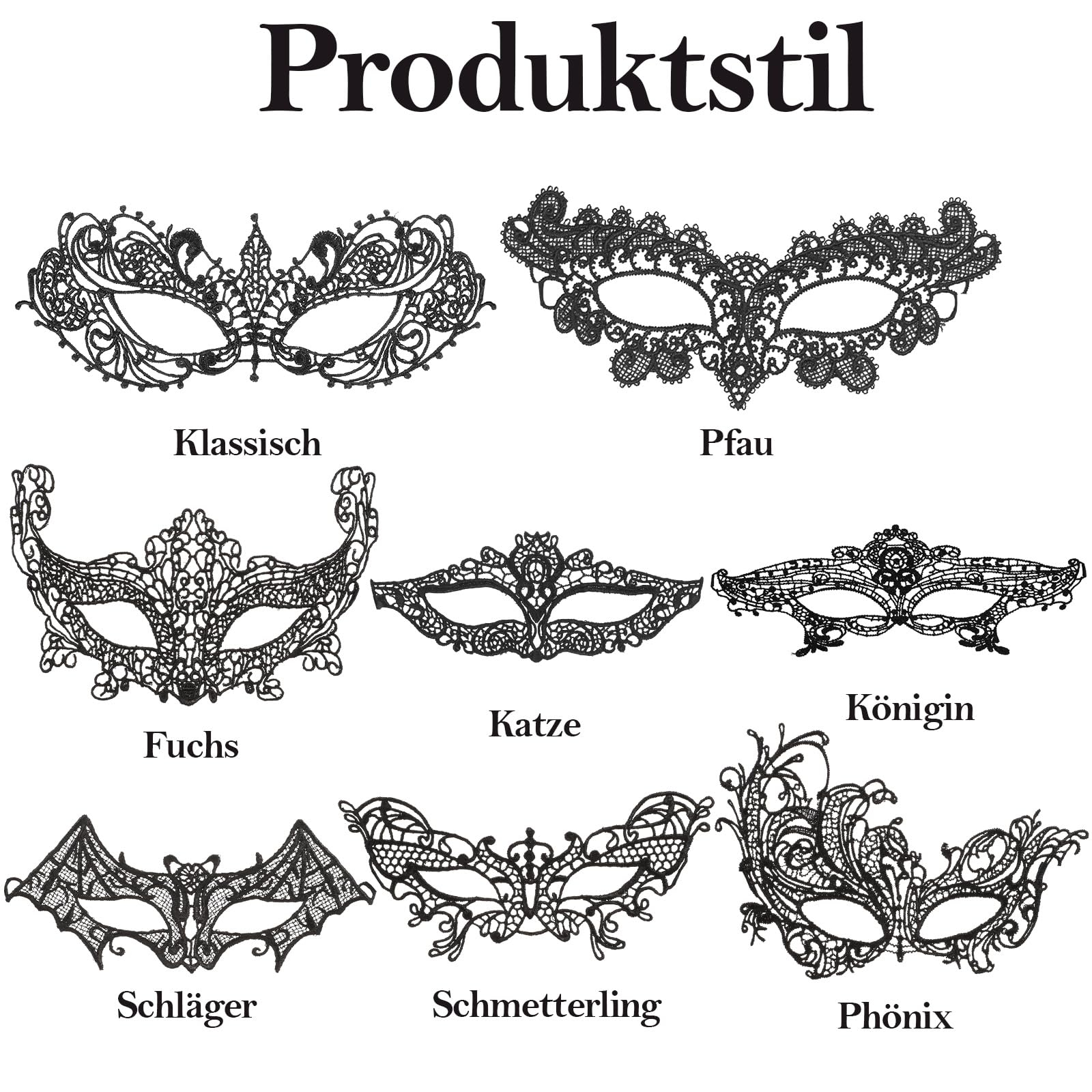 (8er Set) Venezianische Maske Fasnachts Halbmaske Kostüm Zubehör Motto Party Accessoire Halloween Foto Requisite mit Spitzenbordüre - Schwarz