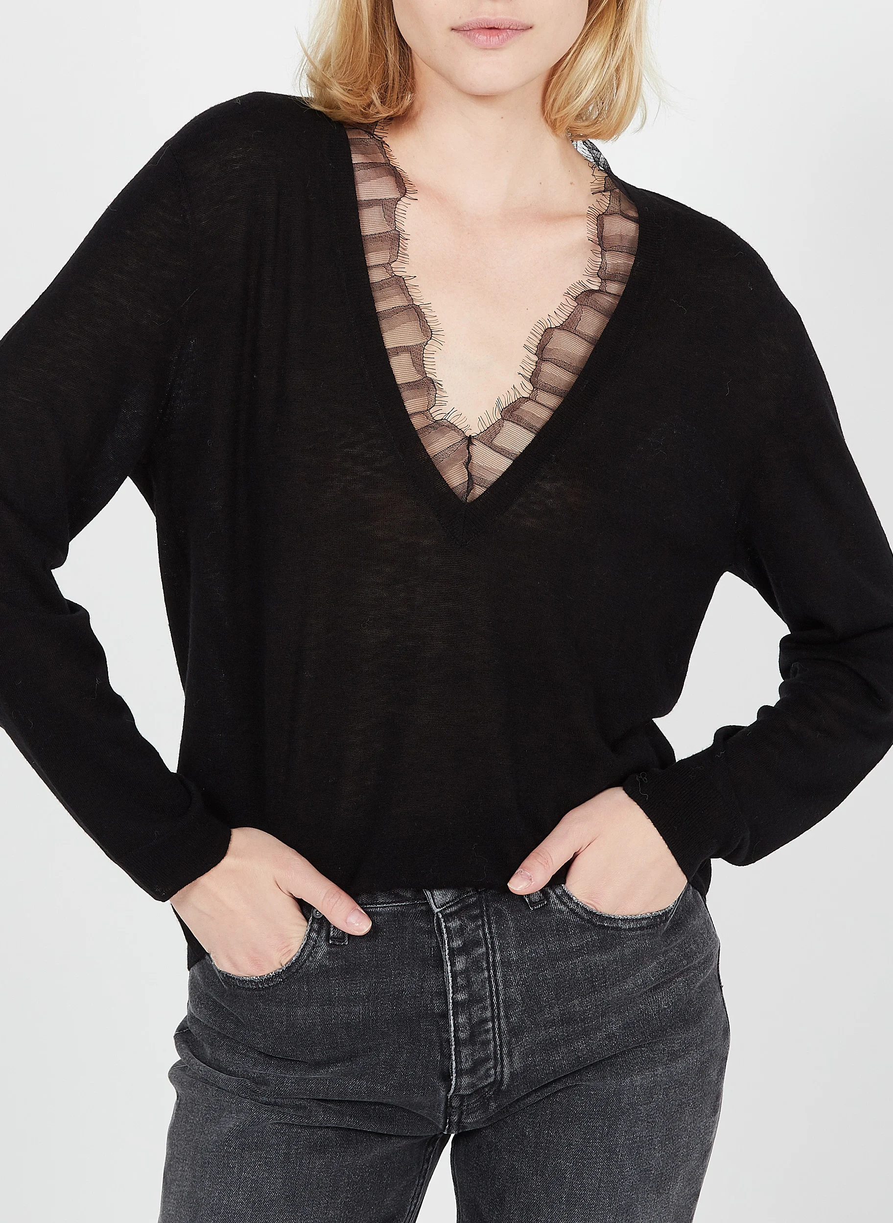 HABY - Pull col V à dentelle en laine mélangée| Noir
