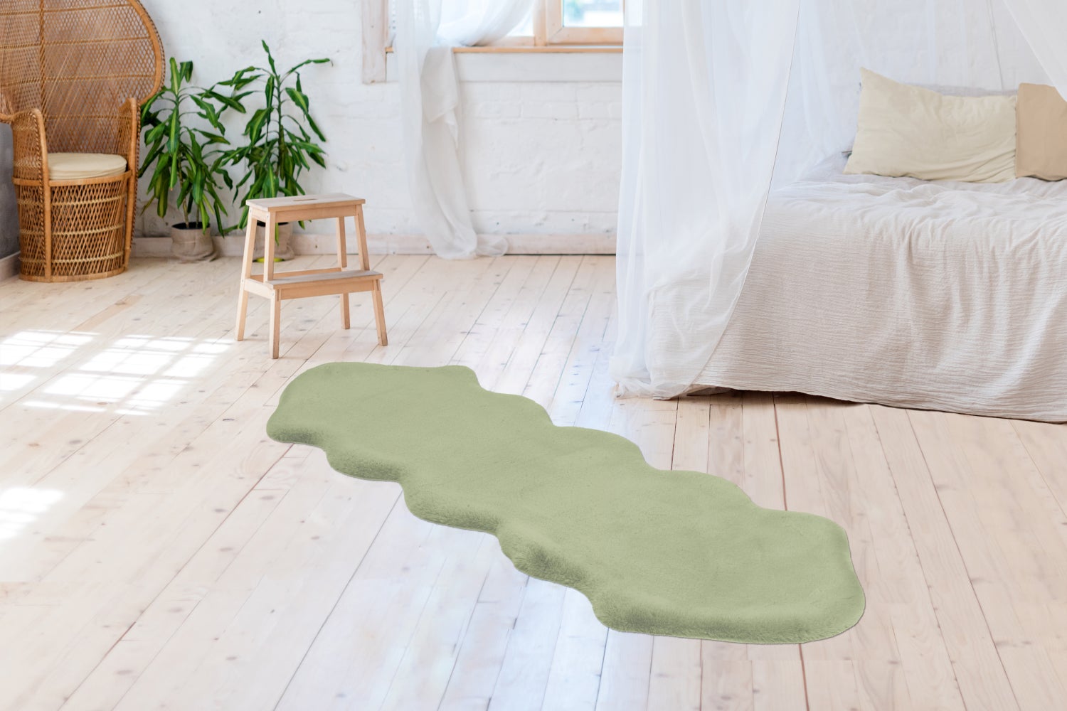 Silkara Mint hoogpolig tapijt, 35 mm, effen kleur, handgetuft, 60 x 180 cm
