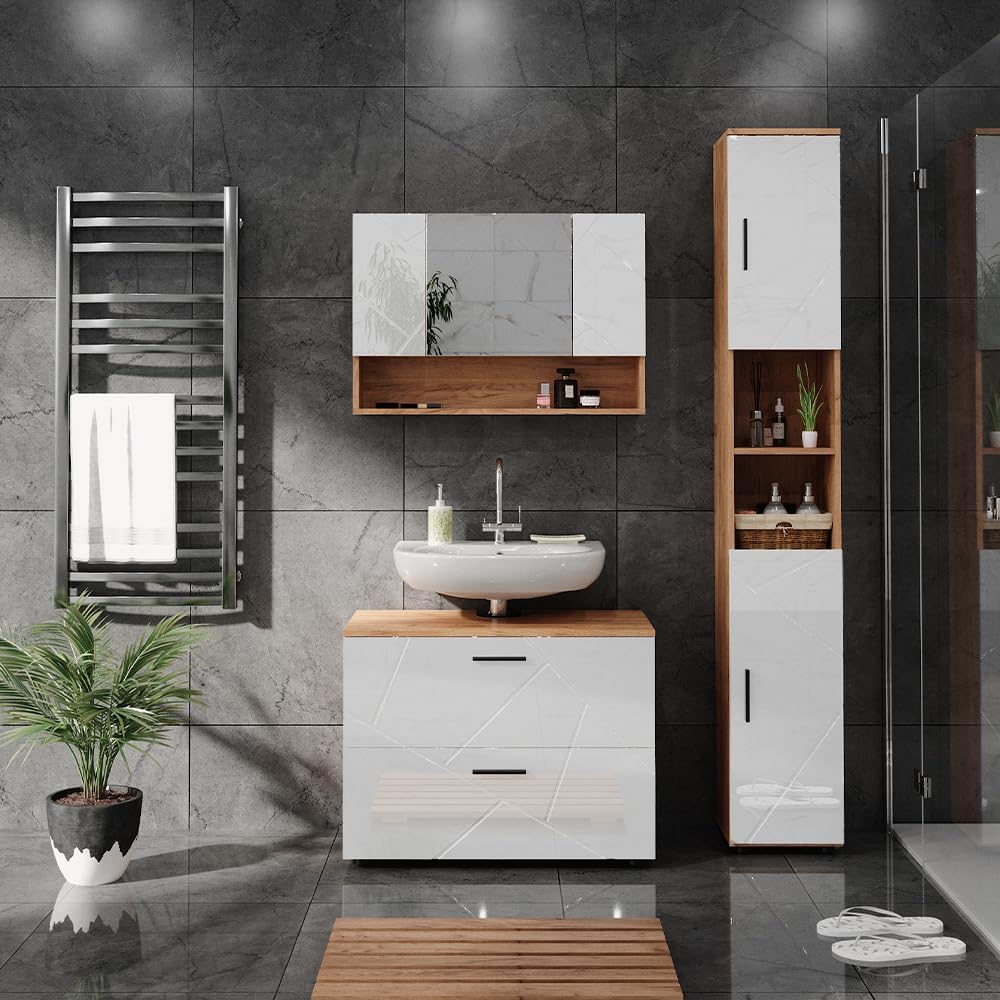 Vicco Badmöbel-Set Weiß Hochglanz/Goldkraft Eiche Irma, bestehend aus Bad Spiegelschrank, Waschbeckenunterschrank, Hochschrank - Versteckter Stauraum hinter eleganten Türen