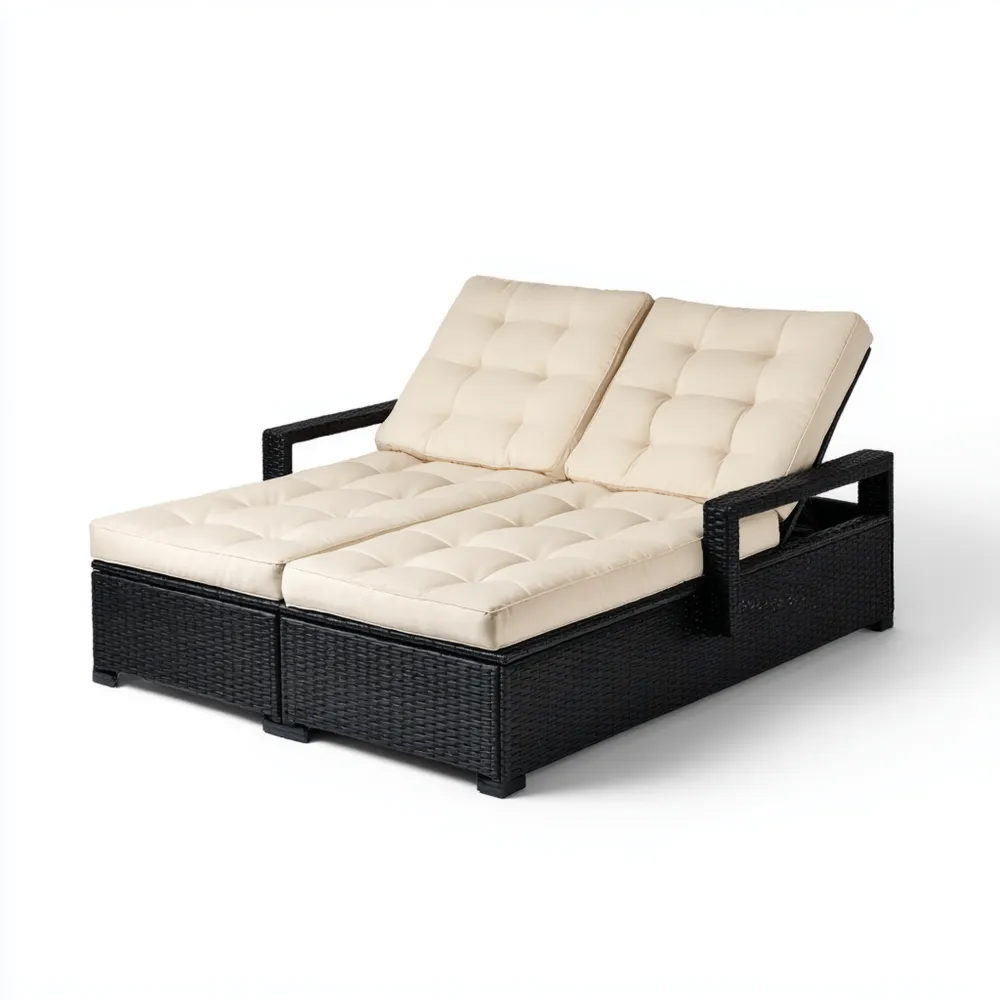 Doppelte Gartenliege Polyrattan 200x150x45 cm - Schwarz/Creme - Verstellbare Rückenlehnen
