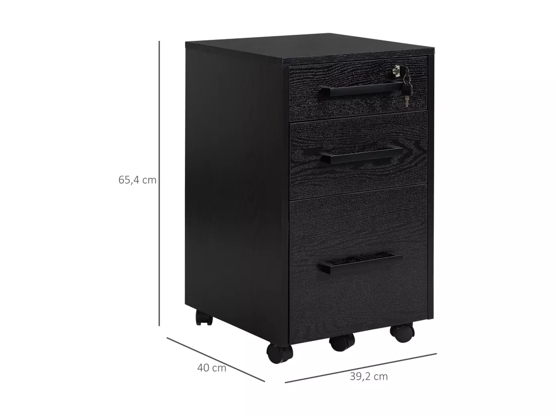 HOMCOM Caisson de bureau rangement bureau sur roulettes 3 tiroirs 1 verrouillable 1 trieur à dossiers MDF panneaux particules noir