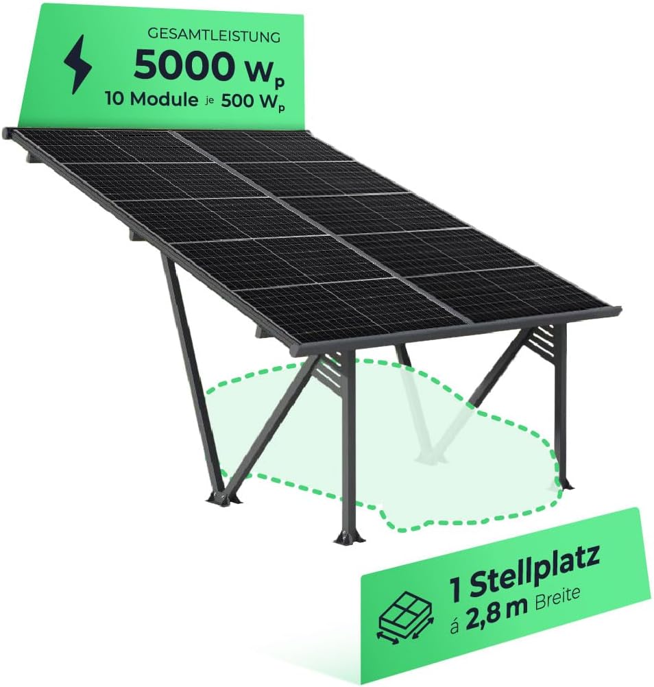 Solarway Solar-Carport Gestell aus Aluminium mit 5000 Watt - inklusive 10 Solarpanels mit je 500 Watt - versiegeltes Dach mit Regenrinne für besten Witterungsschutz