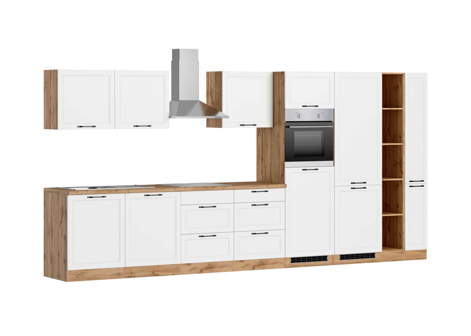 Küchenzeile MERAN - weiß - Wotaneiche - mit E-Geräten - Induktionskochfeld - 420 cm