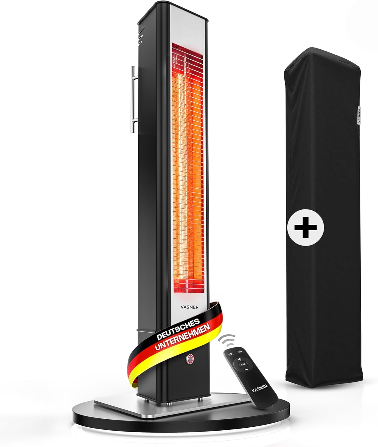 VASNER HeatTower schwarz + AirCape schwarz – Infrarot Standheizstrahler 2500 Watt mit Abdeckhaube, Heizstrahler Terrasse, 4 Heizstufen, Fernbedienung, Terrassenstrahler elektrisch, IP65 Outdoor Schutz