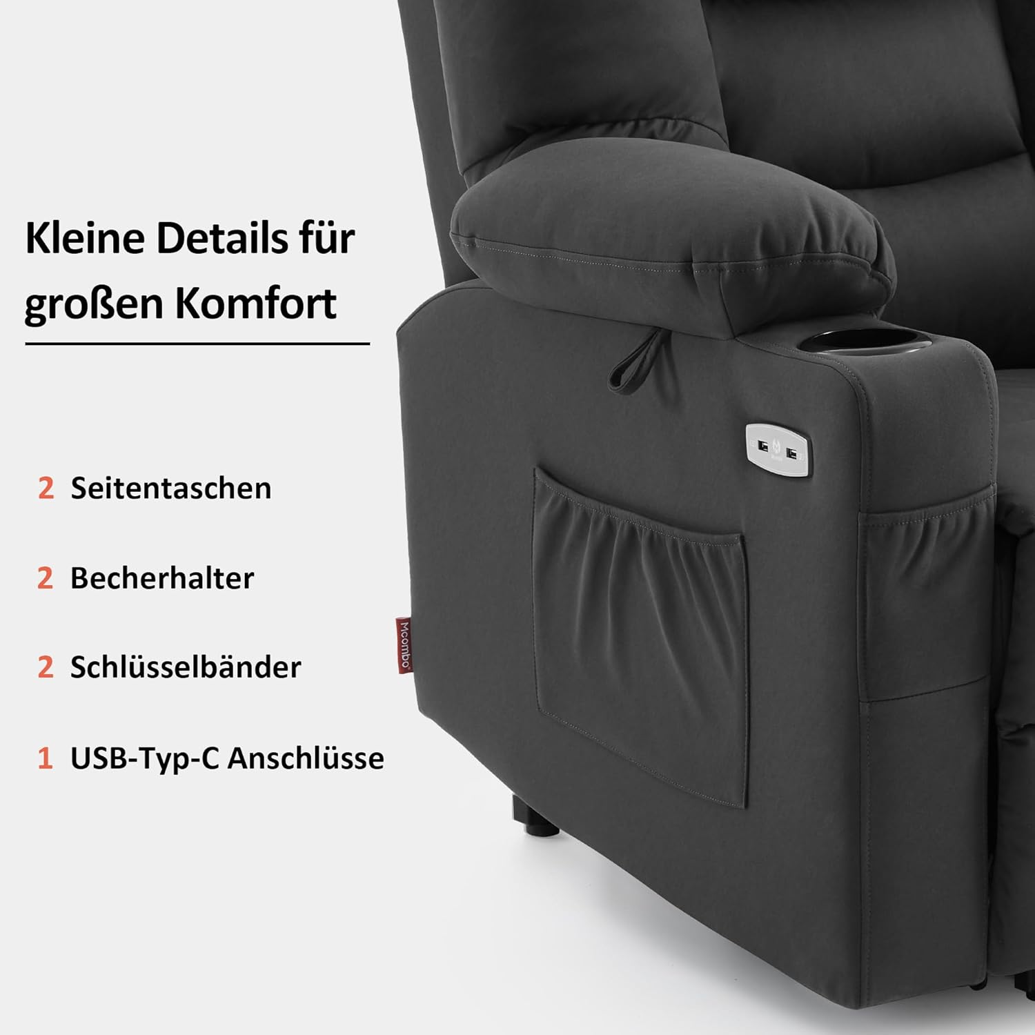 M MCombo Fernsehsessel mit Aufstehhilfe elektrisch, 3 Motoren, Rückenlehne & Beinstütze Getrennt Verstellbar, Relaxsessel mit Liegefunktion bis 170°, Verstellbare Kopfstütze (Mikrofaser, Dunkelgrau)