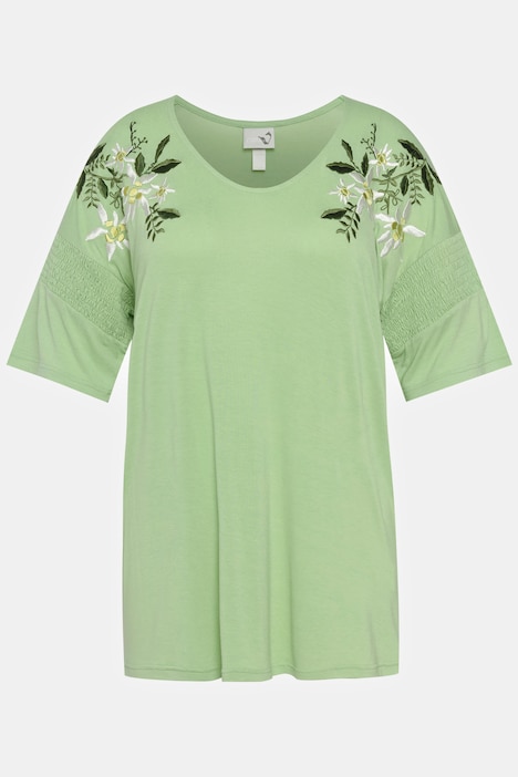 T-Shirt, Blütenstickerei, Classic, V-Ausschnitt, Halbarm