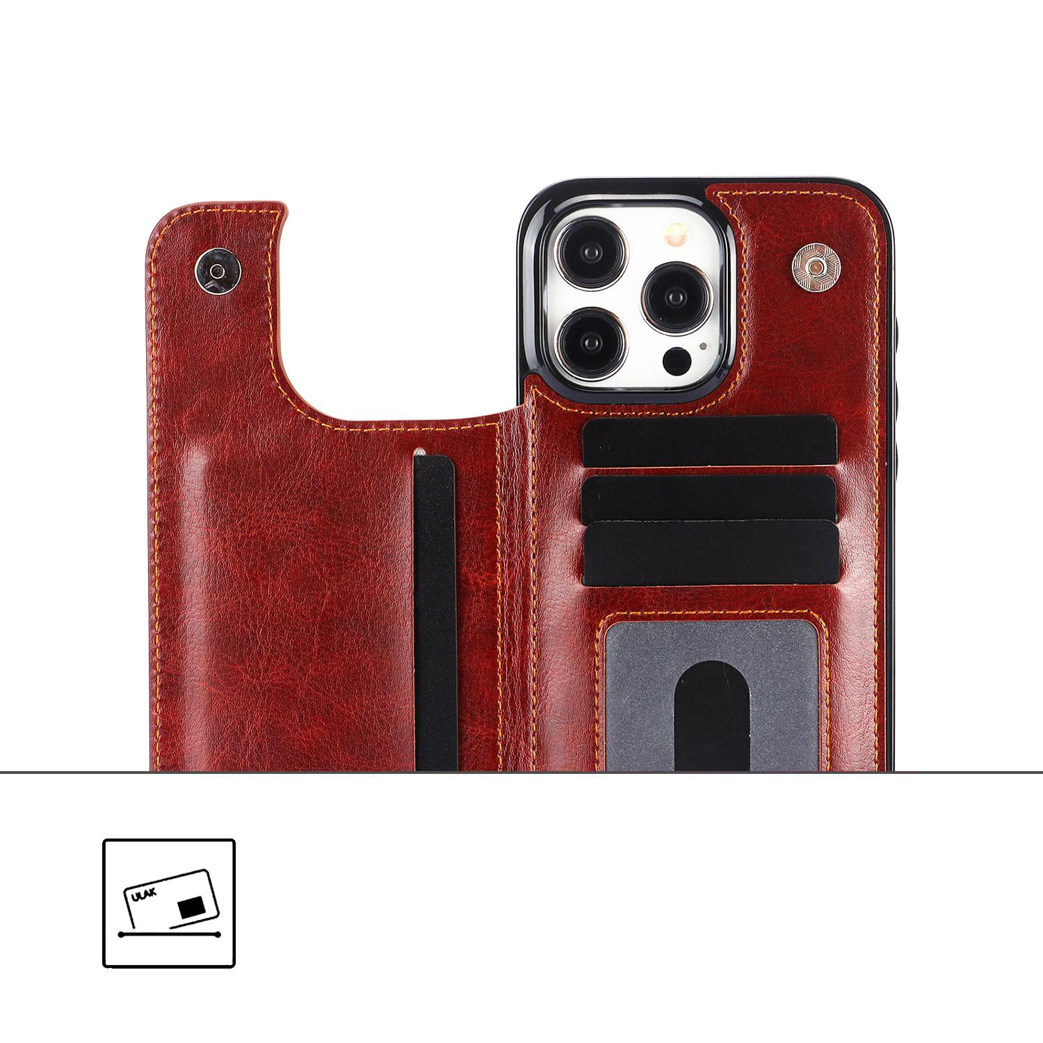 iPhone 15 Pro Max Hybrid Leder Hülle mit Kartenfach   Kickstand Aufsteller - Braun
