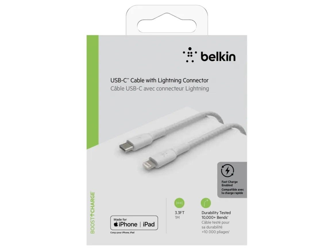 Belkin BoostCharge - Lightning-kabel - 24 pin USB-C han til Lightning han - 1 m - hvid - USB Power Delivery (18 W)