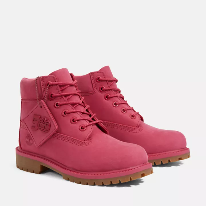 Bota Timberland Premium de 6 polegadas impermeável, edição 50, para crianças pequenas, na cor rosa escuro.