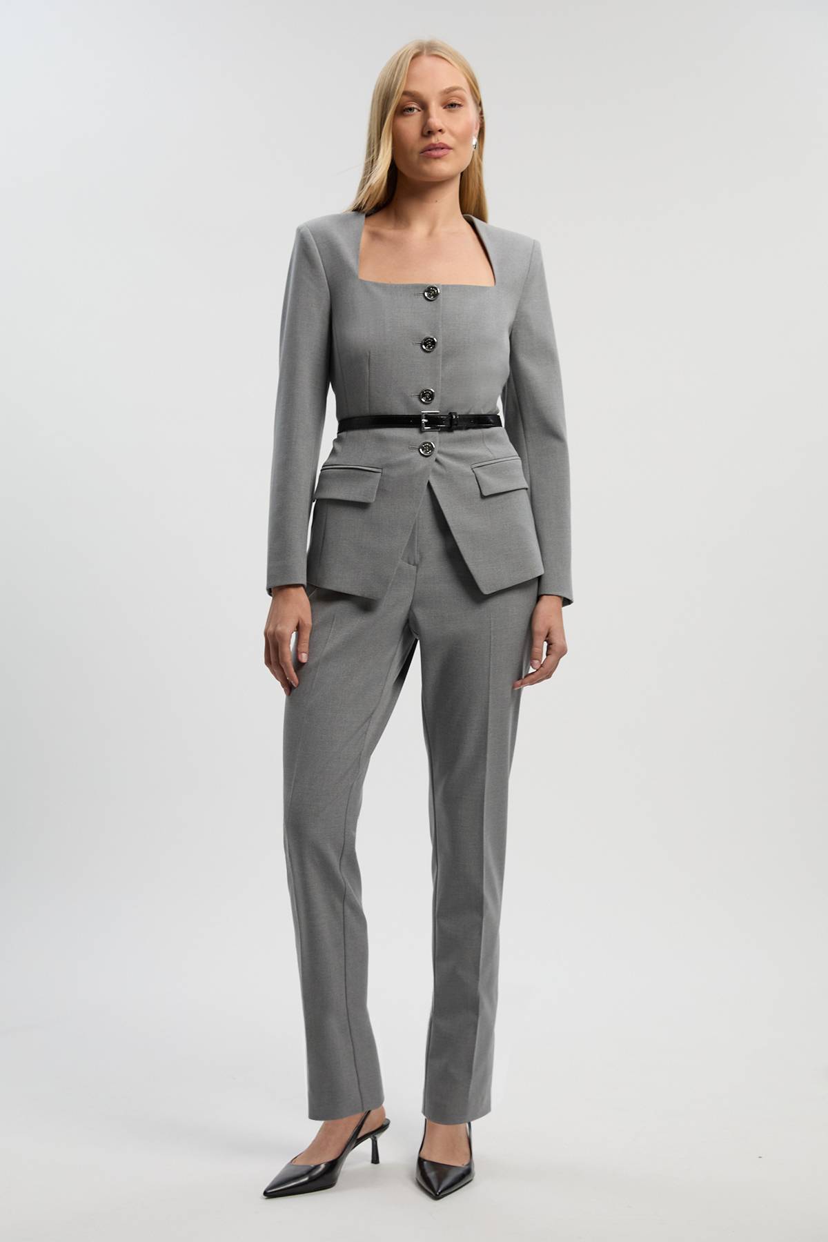 KarenMillen Blazer Petite Tailleur Chiné à Ceinture et Col Carré
