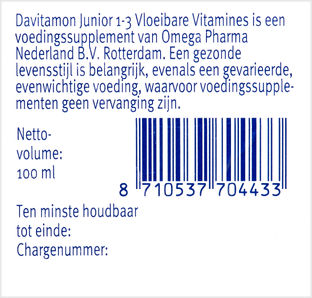 Davitamon Junior 1-3 Vloeibare Vitamines Framboos 100ML