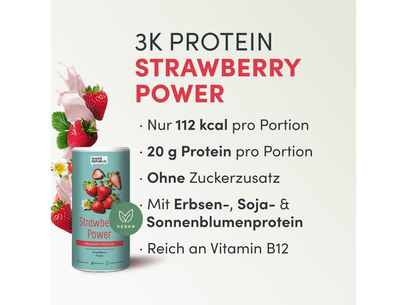 Shape Republic 3K Protein vegan Erdbeere 420 g Veganes Proteinpulver mit Süssungsmitteln und Erdbeergeschmack