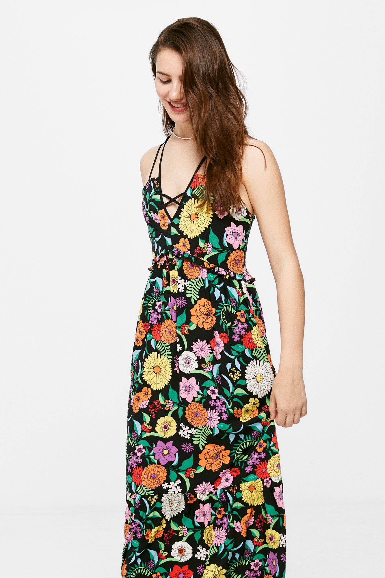 Vestido midi com alças duplas