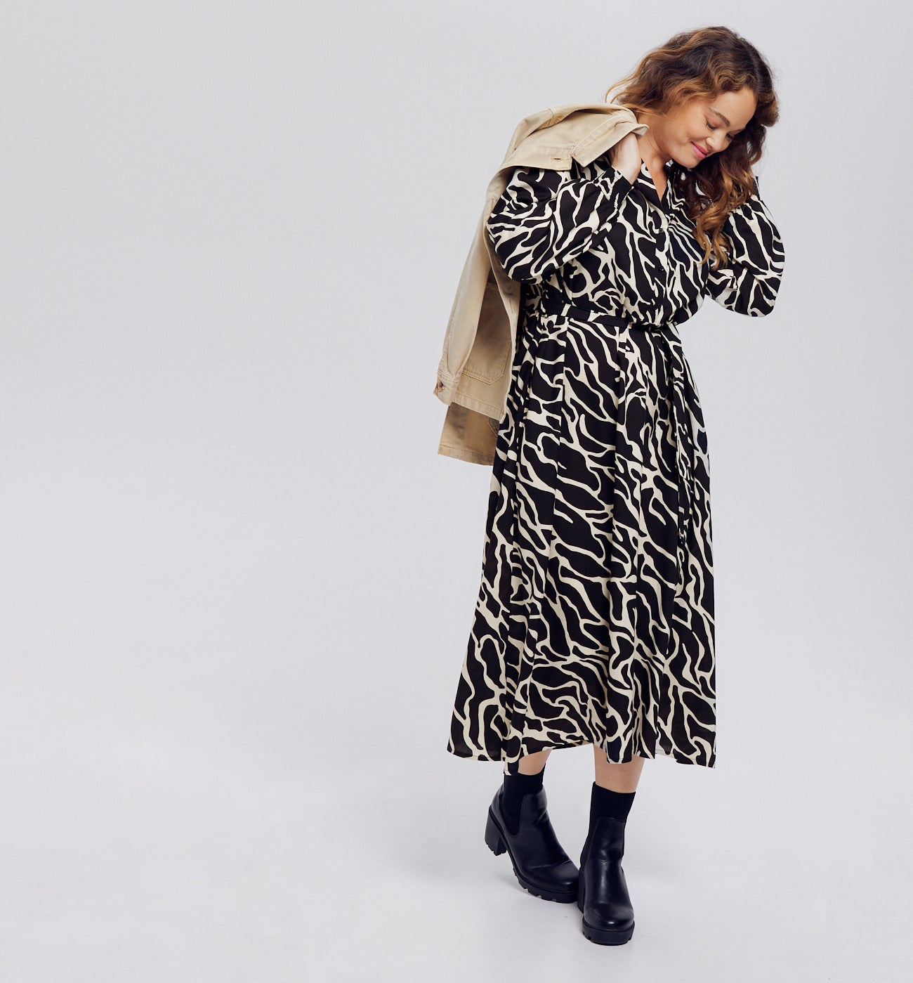 Robe mi-longue imprimée Femme - Imprimé noir