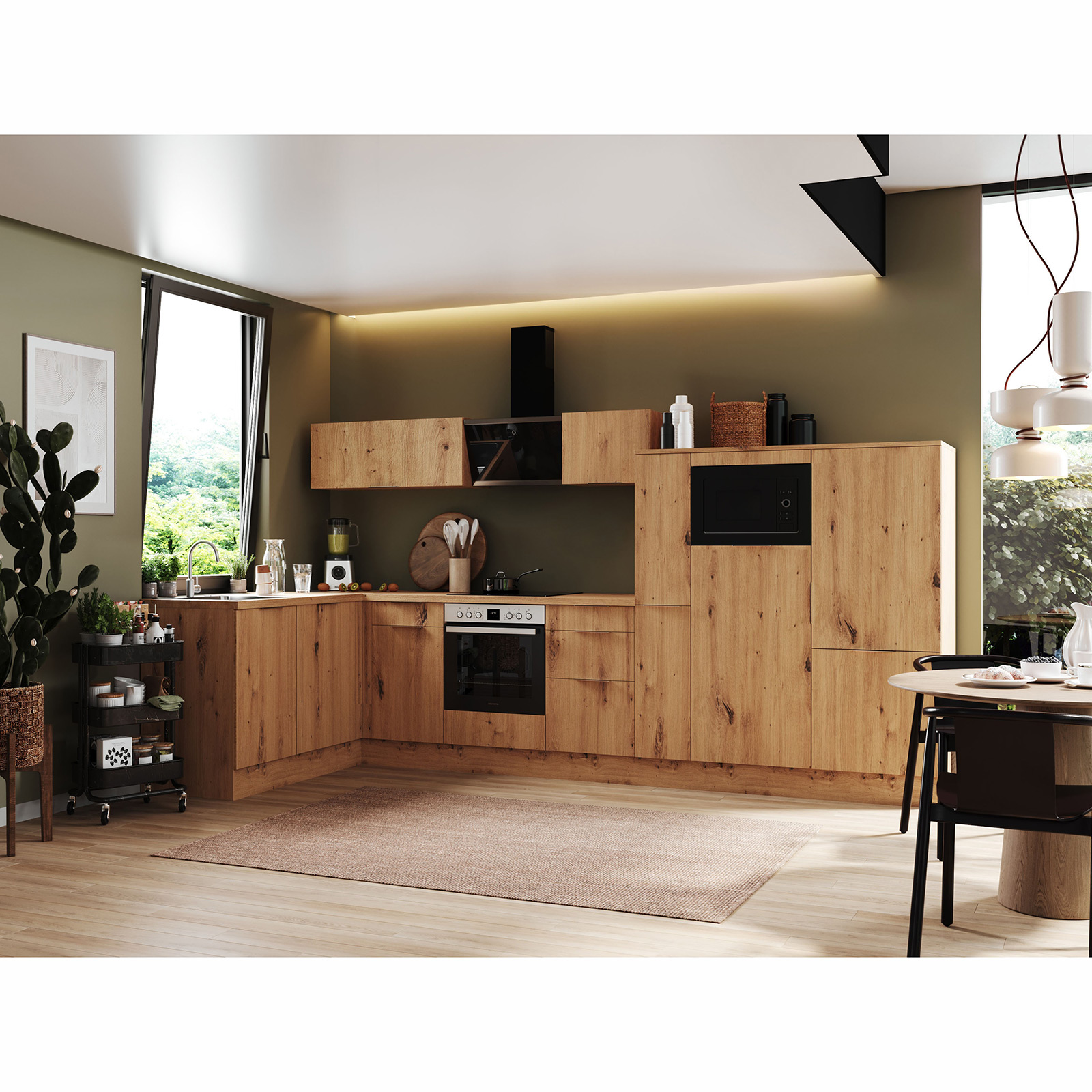RESPEKTA Winkelküche - Artisan Eiche - mit E-Geräten - 370x175 cm
