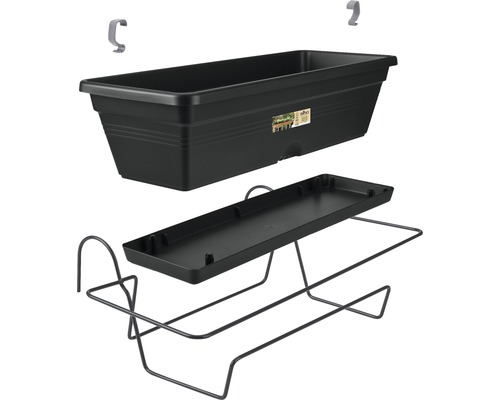 elho Green Basics kunststof bloembakset, 50x18x14 cm, zwart, inclusief beugel en schotel