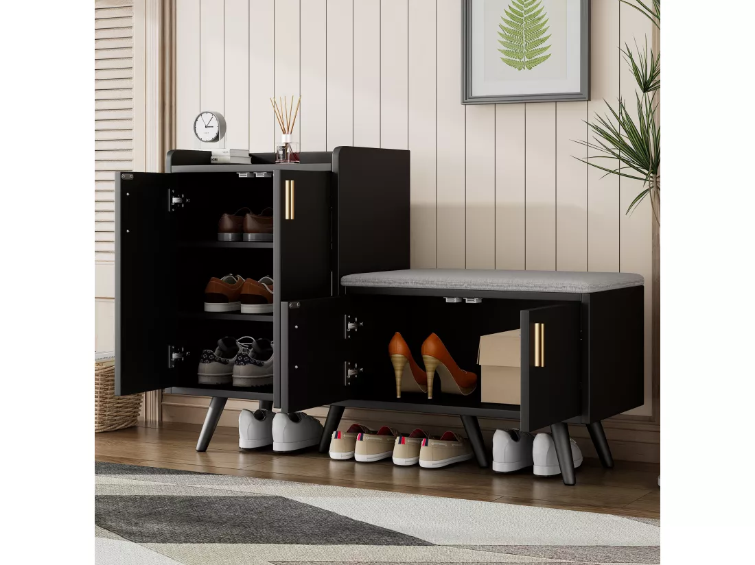 Banc à chaussures moderne avec 4 portes et coussin - pièds et poignées en métal - coloris noir - 120 x 34 x 82 cm
