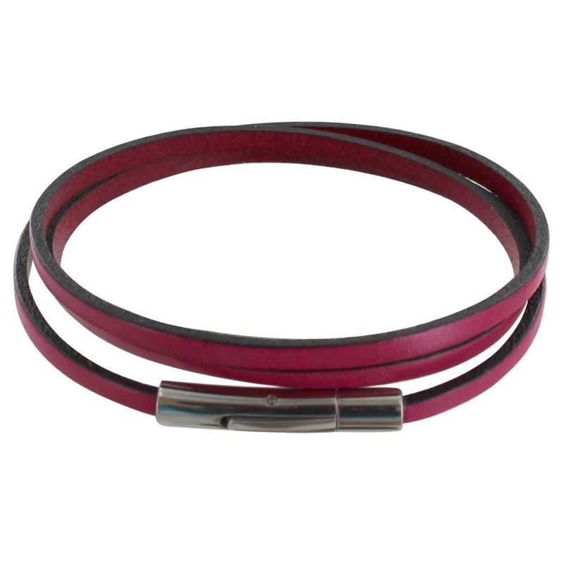 Bracelet Femme Cuir Plat Fermoir Acier Inoxydable - Colors - Fuchsia