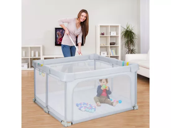 Parc Bébé Pliable 124 x124cm avec Hauteur Scientifique 70cm, Parc de Jeux en Tissu Oxford avec Maille Respirante, 50 Balles Océaniques, 4 Poignées (Gris clair)