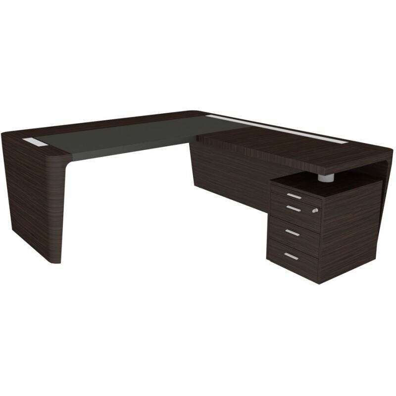Bureau d'angle Direction Xennon finition placage bois L 190 x P 220cm avec retour sur caisson et sous-main en cuir