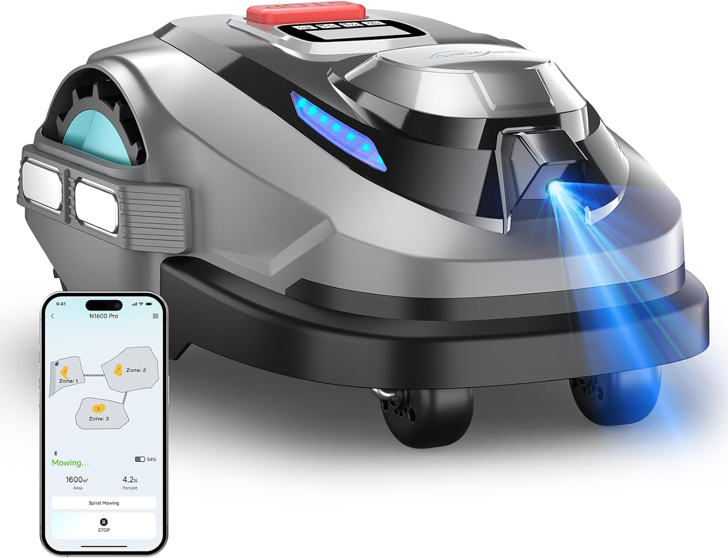 N1600PRO Mähroboter ohne Begrenzungskabel,Max.1600 m²,RTK+Vision Rasenmäher Roboter,Multizonen-Management,U-förmiges Mähmuster,Smarte Hindernisvermeidung Rasenroboter,KI Auto Kartierung
