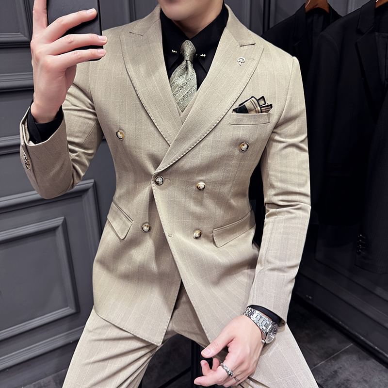 Sheck - Set: geruite blazer met dubbele rij knopen en piekrevers + vest + cropped taps toelopende pantalon