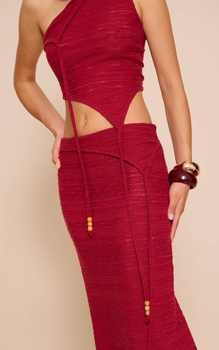 Rouge Jupe Longue Asymétrique À Perles Texturées