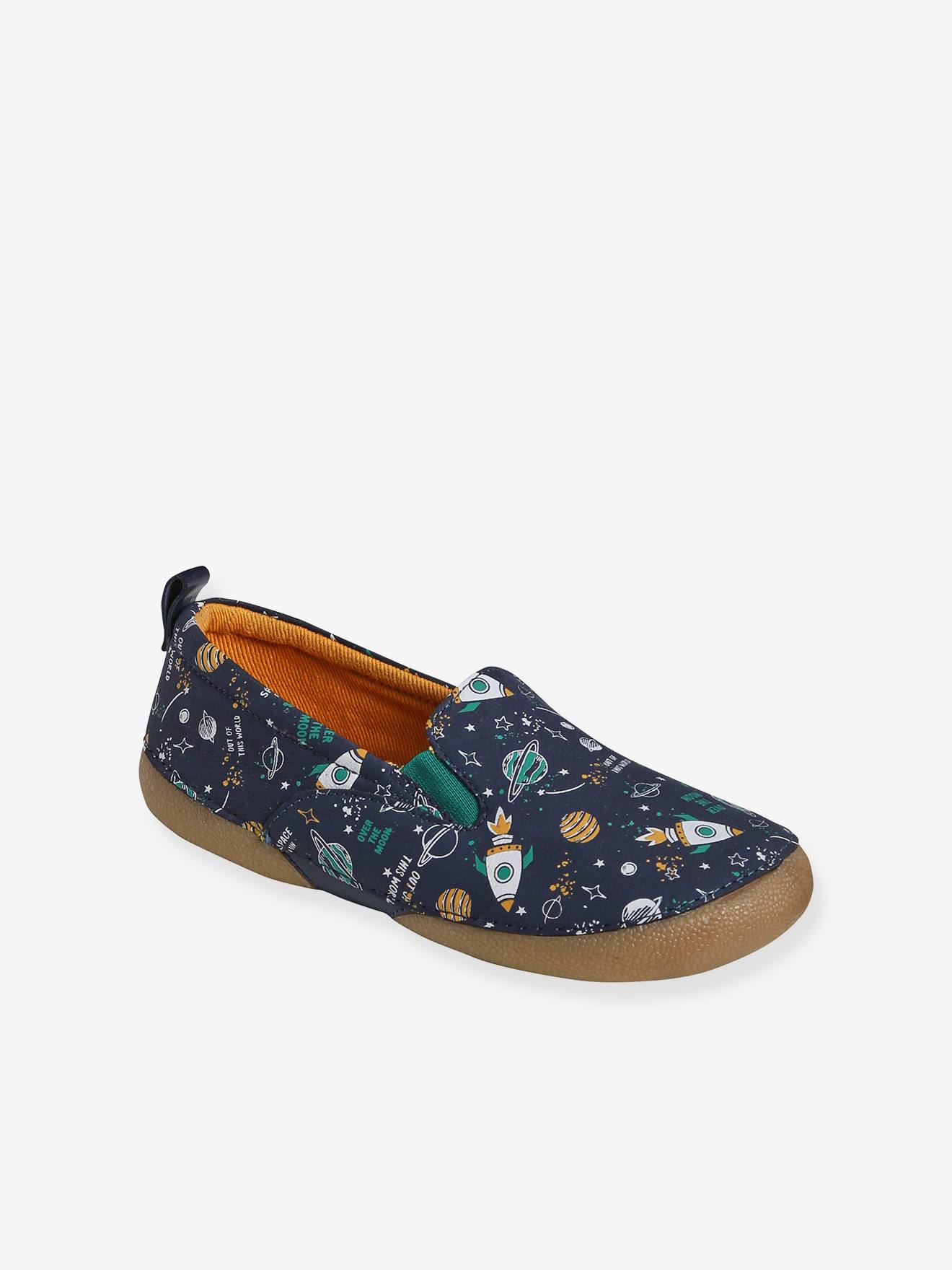 Pantufas de couro elástico para meninos, azul escuro com estampa.