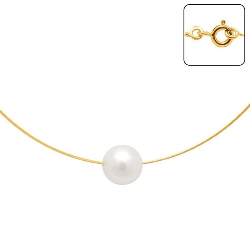 Collier Ras du cou Femme Cable en Or Jaune 750/1000 et Perle de Culture Blanche