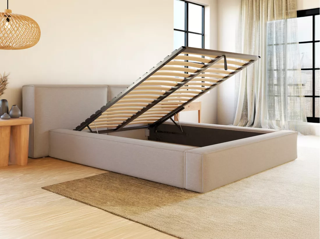 Lit coffre 180 x 200 cm - Tissu - Beige + Matelas - TIMANO de Pascal Morabito