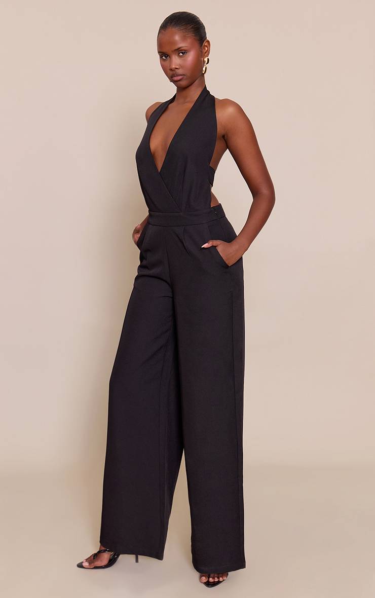 Noir Combinaison Pantalon Large Col Plongeant Licou Ajustée