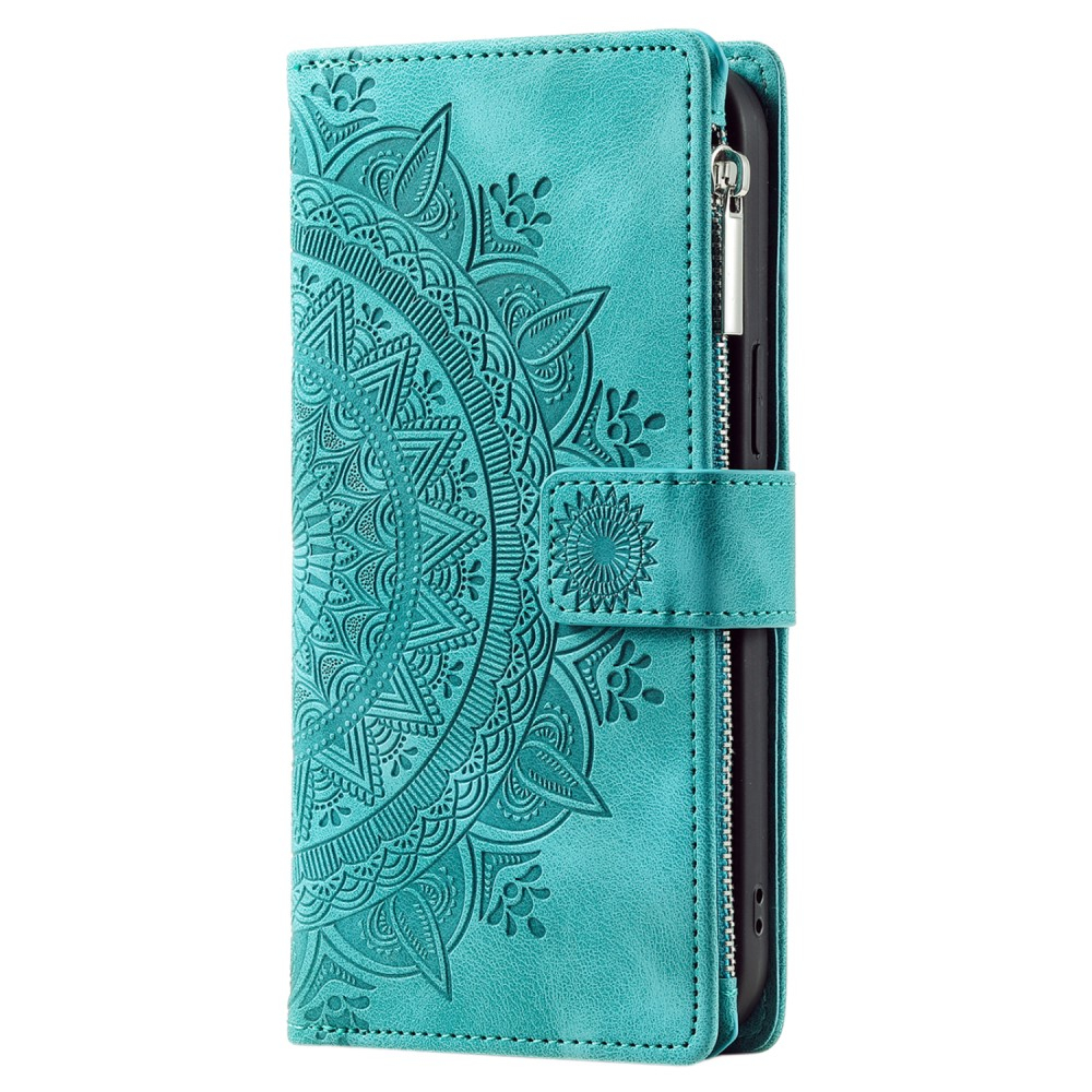 iPhone 16 Leder Tasche Flip Cover mit Reissverschluss - Mandala Flowers Imprint - Türkis