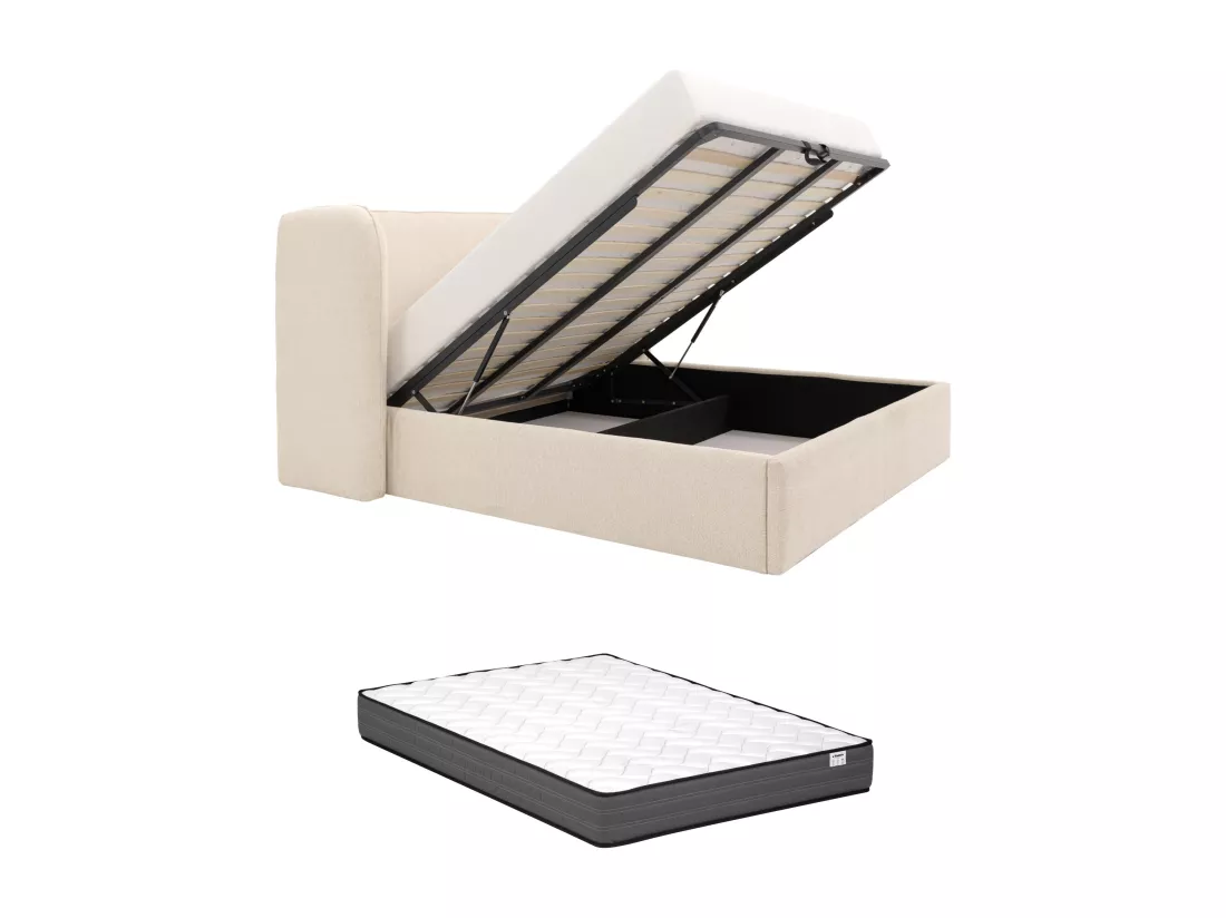 Lit coffre 180 x 200 cm avec tête de lit incurvée - Avec LEDs - Tissu - Beige + Matelas - STOKALI