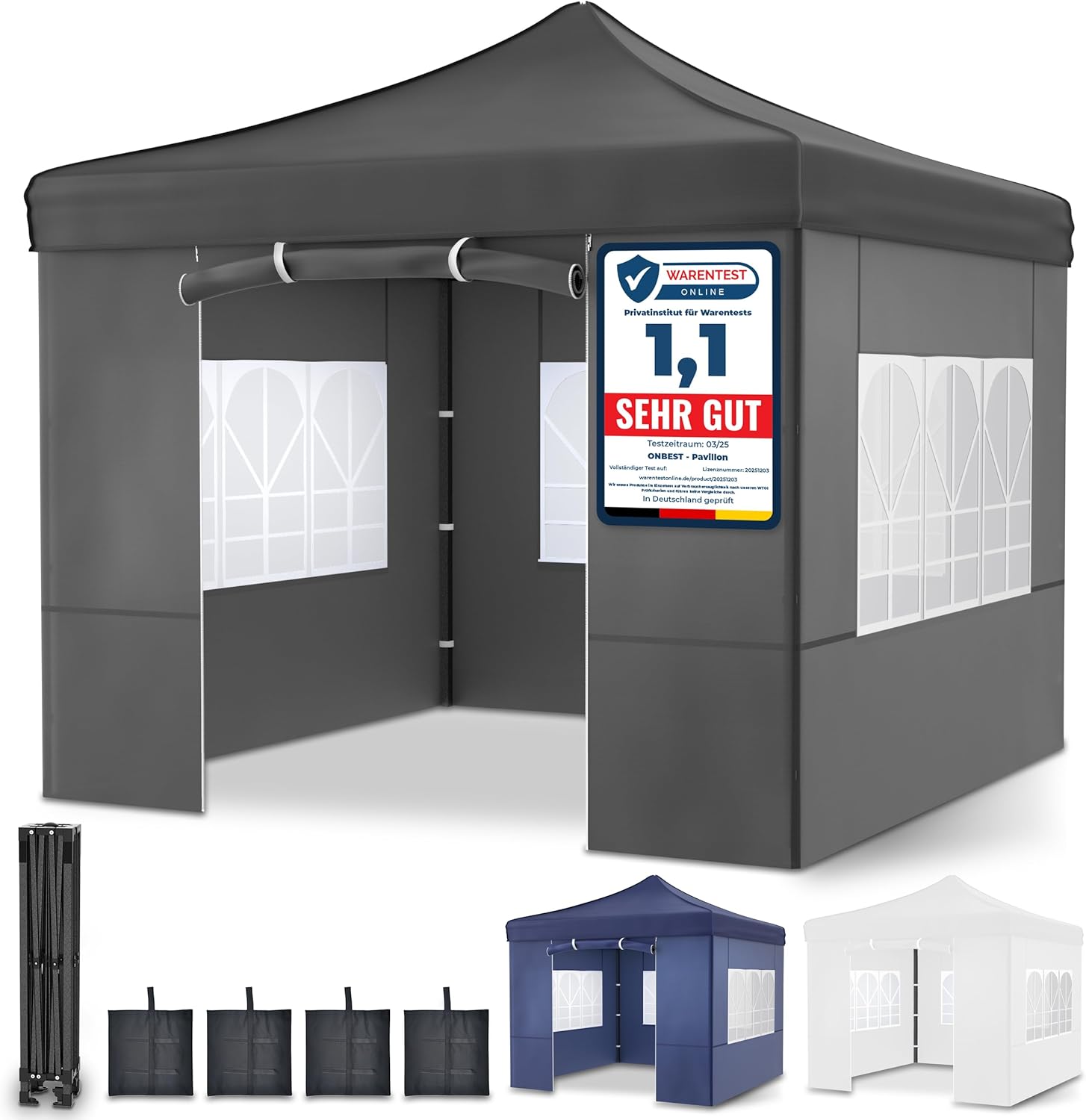 Pavillon – 3x3m – Großer Eingang - Wasserdicht – Pop up Gestell – Seitenwänden mit 3x3 Fenstern – Zusätzlich mit Tasche – Faltbarer Outdoor Pavillon Faltpavillon (Grau)