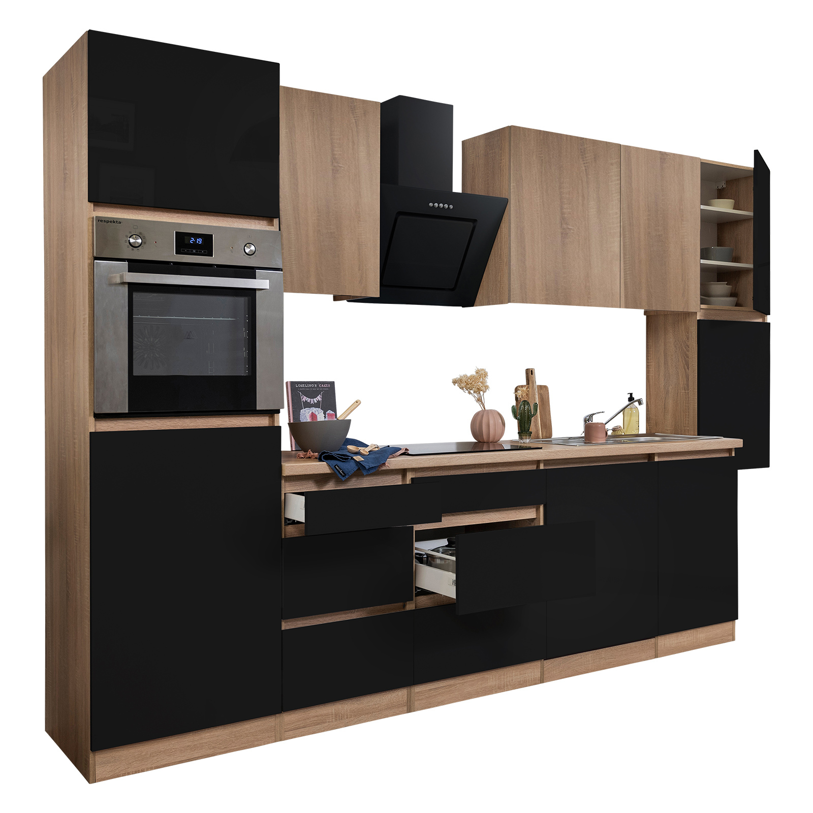 RESPEKTA Küchenblock - schwarz Hochglanz-Eiche Sägerau - mit E-Geräten - 330 cm