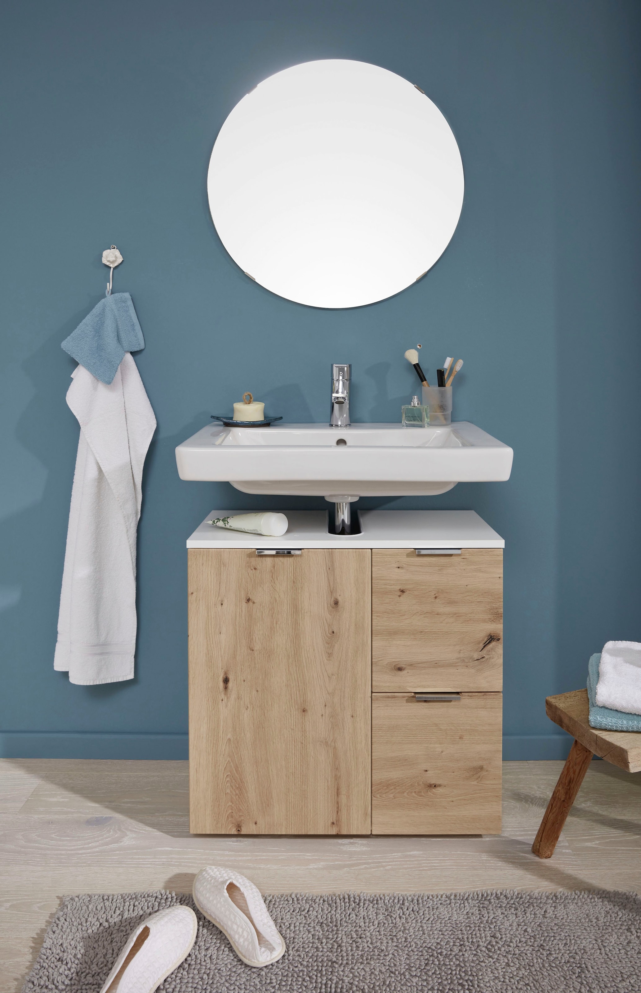 trendteam Waschbeckenunterschrank »Concept One« Waschtisch mit 2 Fächern und 2 Schubladen in Weiss/Echtholzoptik