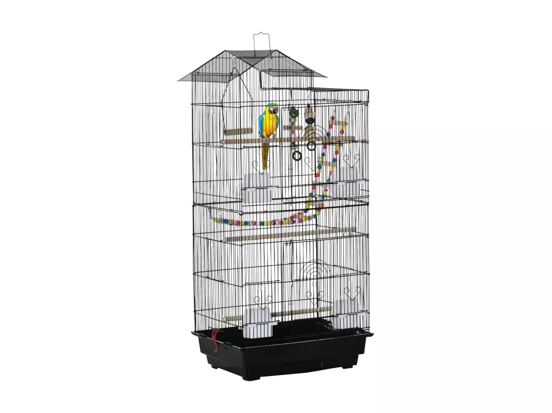 Cage à oiseaux volière dim. 46L x 36l x 100H cm - 4 mangeoires, 3 perchoirs, balançoire, 2 portes, 9 trappes, échelle, 2 jouets suspendus, plateau déjection - PP acier noir