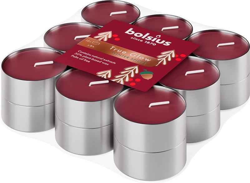 Bolsius geurwaxinelichten True Glow Winter Spices rood 4 uur 11,5 x 11,5 x 3,1 cm 18 stuks