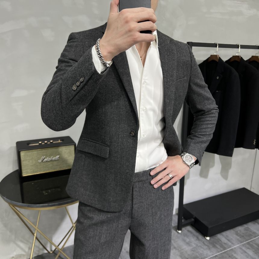 Deepwood - Set: Effen wollen blazer met één knoop + taps toelopende pantalon