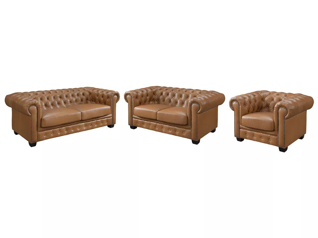 Canapés chesterfield 3 places 2 places et un fauteuil BRENTON 100% cuir de buffle premium - Caramel vintage