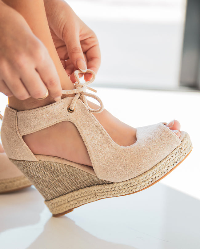 Sandale femme compensée corde beige daim - Inès